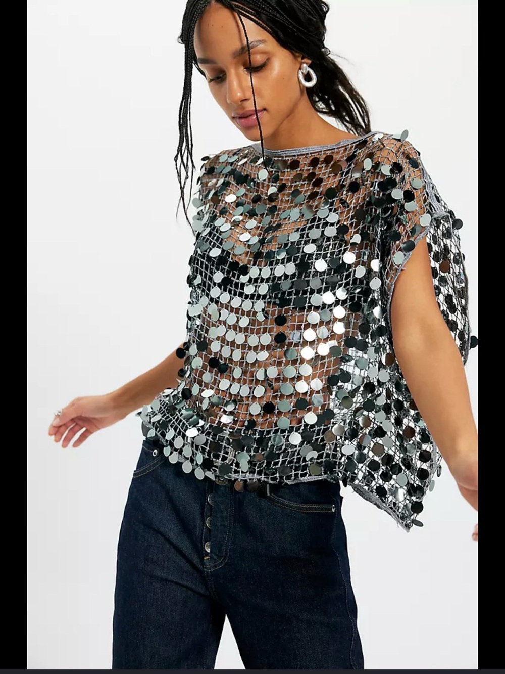 Free People Silver Sequin Mesh Crop Top
